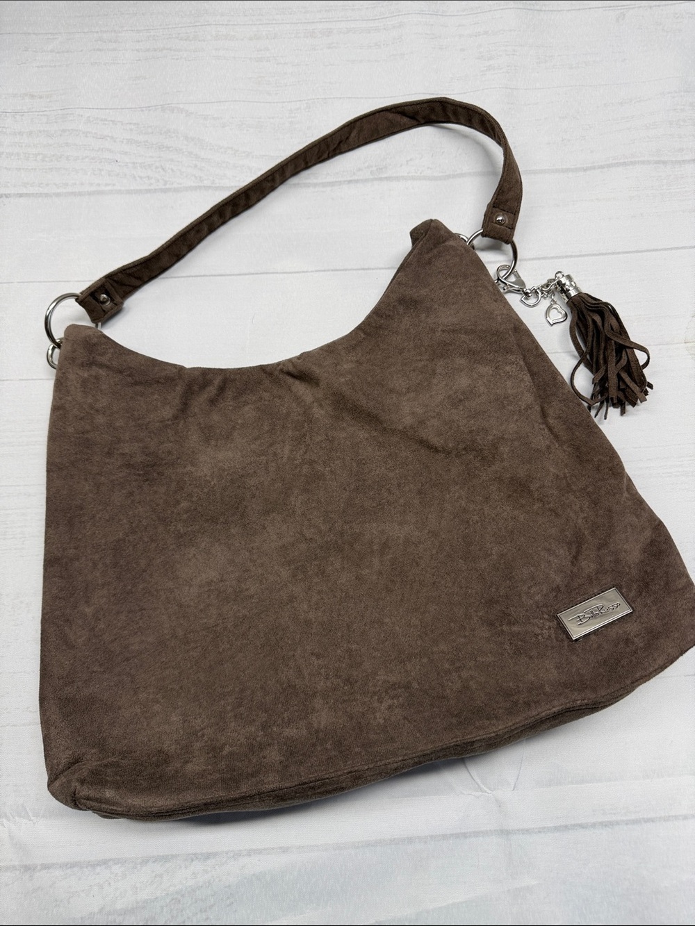 Bella Russo Soft Brown Faux Suede Slouch Tote Bag Shoulder Purse with Tassel